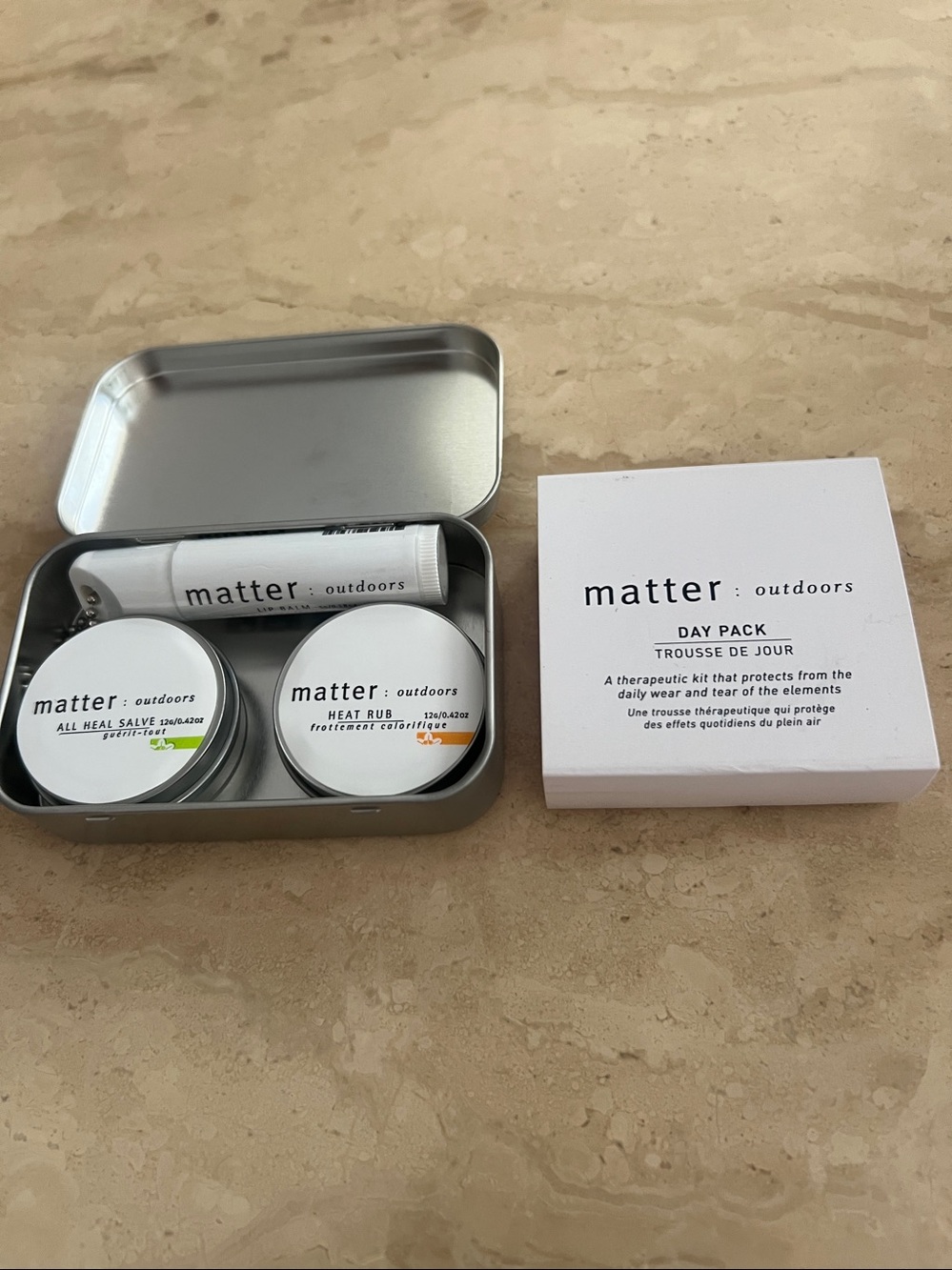 Matter Outdoors Day Pack travel skincare essentials, All-Heal Salve & Heat Rub